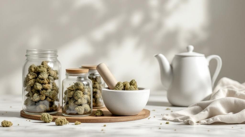 Eine Tasse frisch zubereiteter Cannabis-Tee, dampfend auf einem Holztisch.