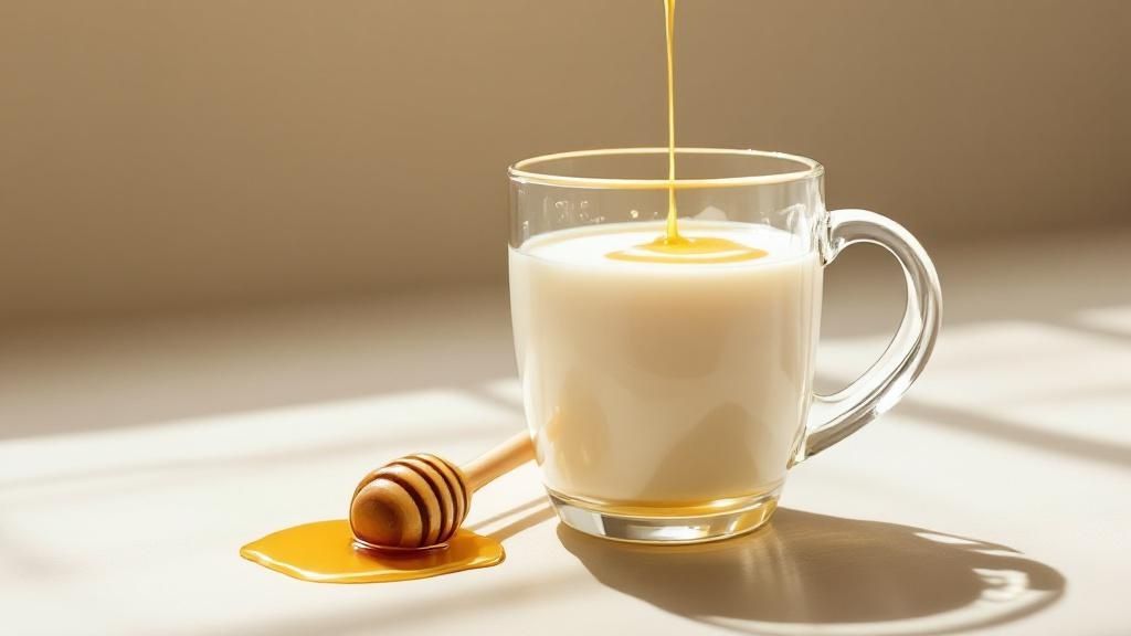 Warme Milch mit Honig in einer Glastasse mit einem Löffel Honig