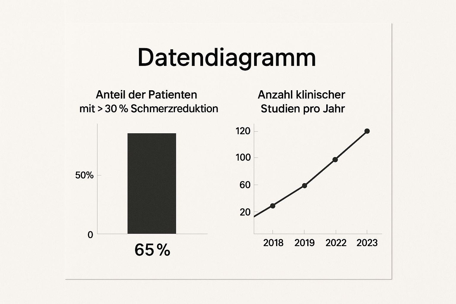 Infografik zur Wirksamkeit von medizinischem Cannabis bei Schmerzen, die eine prozentuale Schmerzreduktion und die steigende Anzahl von Studien zeigt.