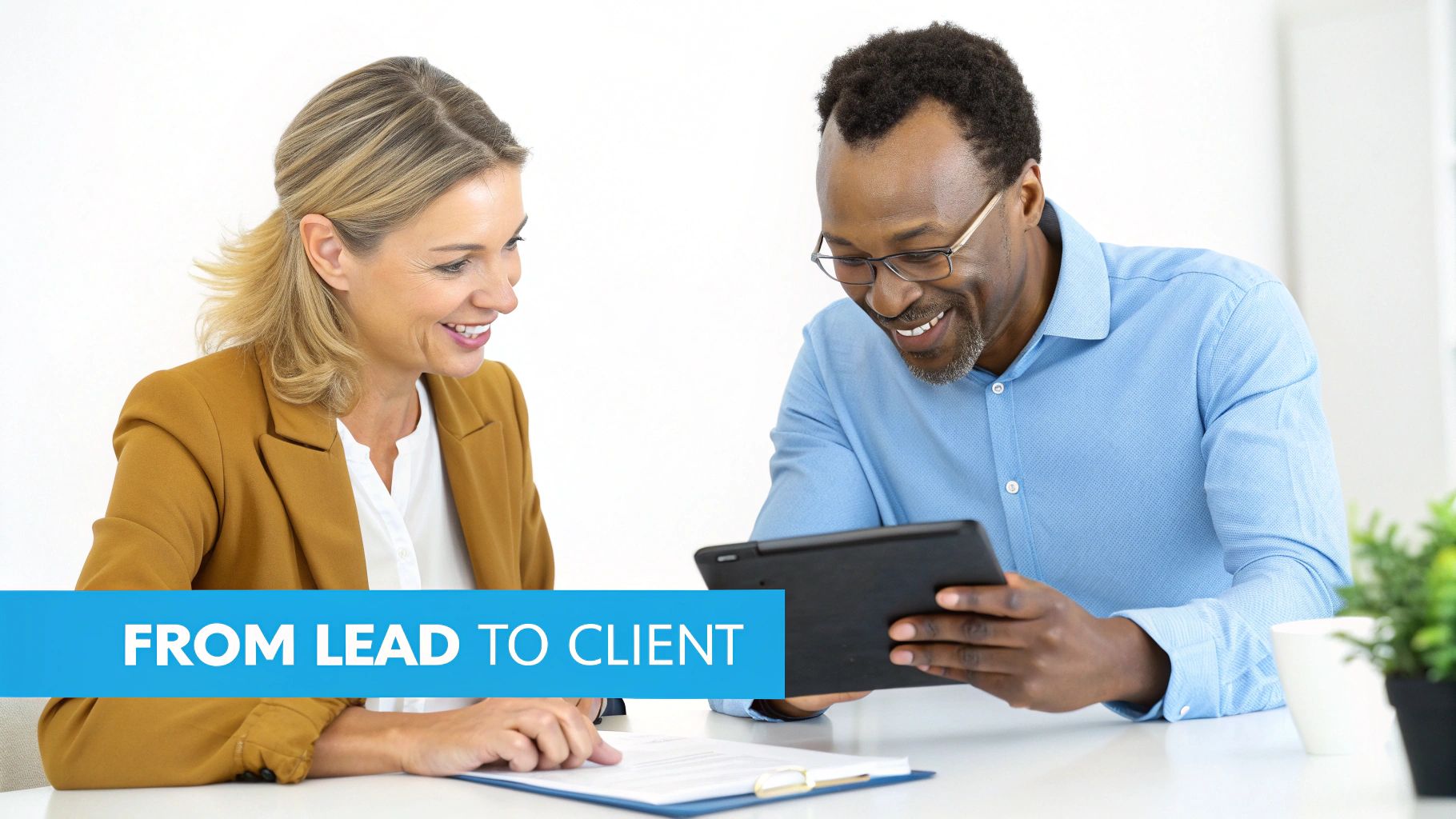 Smiling business professionals, a woman and a man, look at a tablet during a meeting, with text 'FROM LEAD TO CLIENT'.