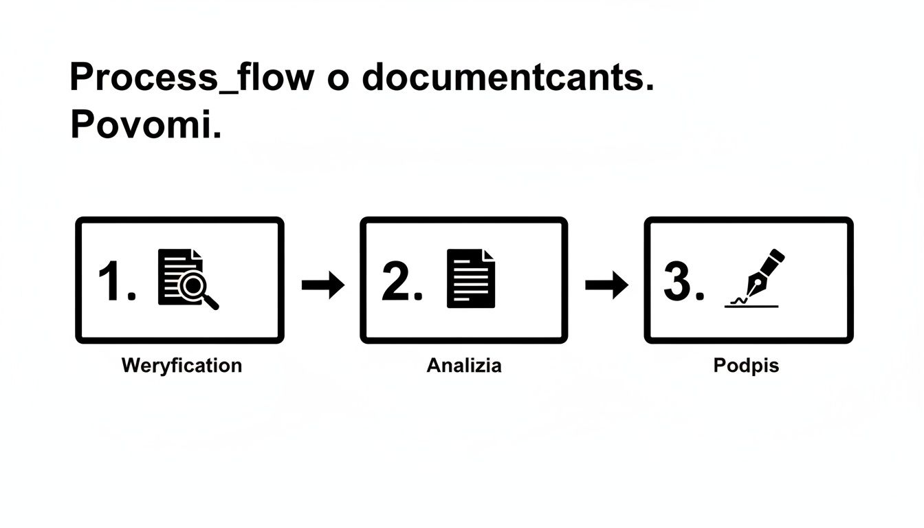 Schemat procesu weryfikacji, analizy i podpisu dokumentów, przedstawiający trzy etapy przepływu pracy z ikonami.
