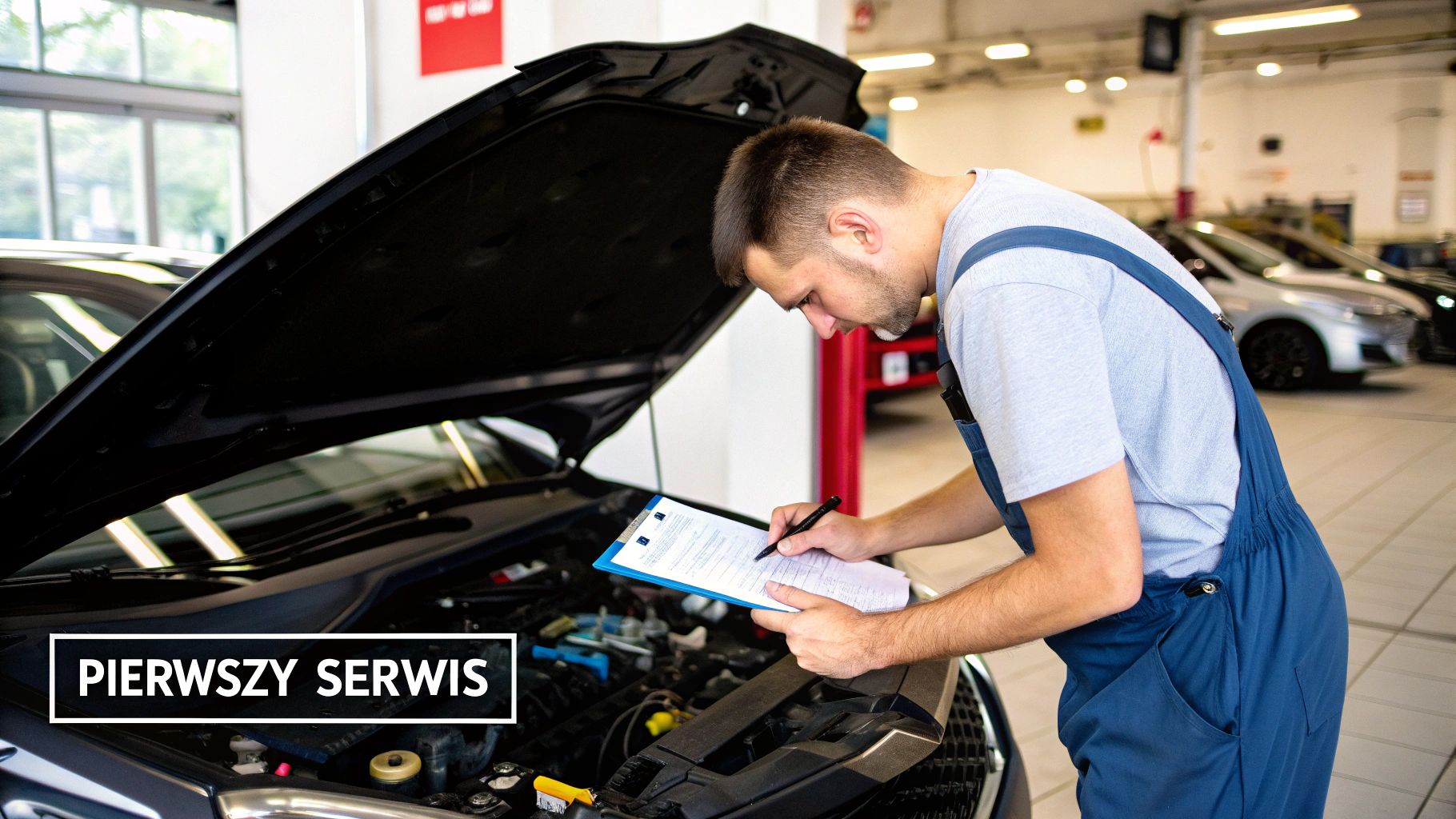 Mechanik w warsztacie samochodowym dokładnie sprawdza silnik auta podczas pierwszego serwisu.