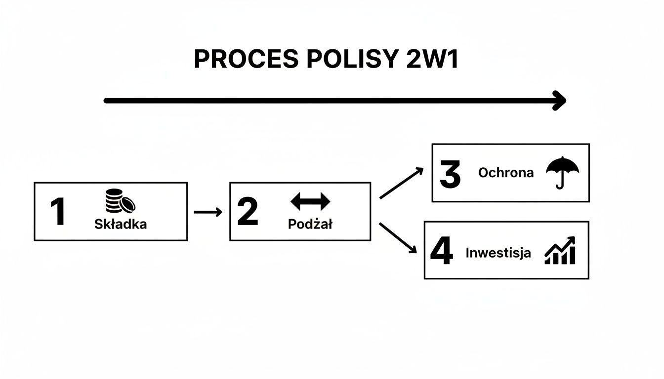 Schemat procesu polisy 2w1 przedstawiający podział składki na ochronę i inwestycję.