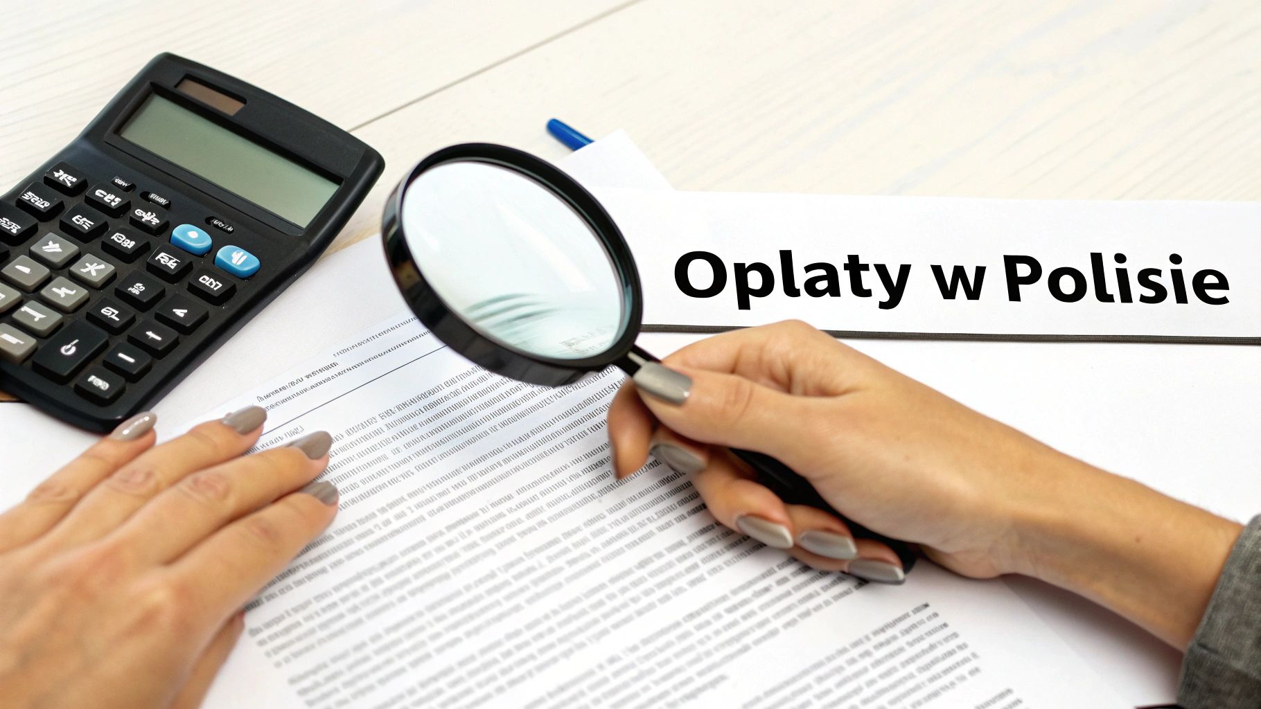 Ręce trzymające lupę nad dokumentem z napisem 'Opłaty w Polisie', obok kalkulator. Analiza finansów.