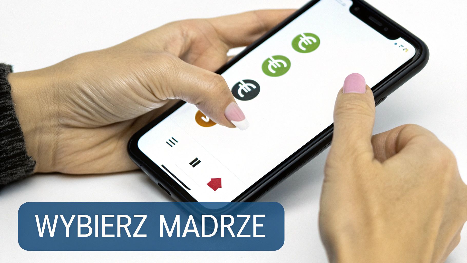 Ręce obsługujące smartfon z aplikacją finansową, na ekranie widać symbole euro i opcje wyboru. Tekst: WYBIERZ MADRZE.