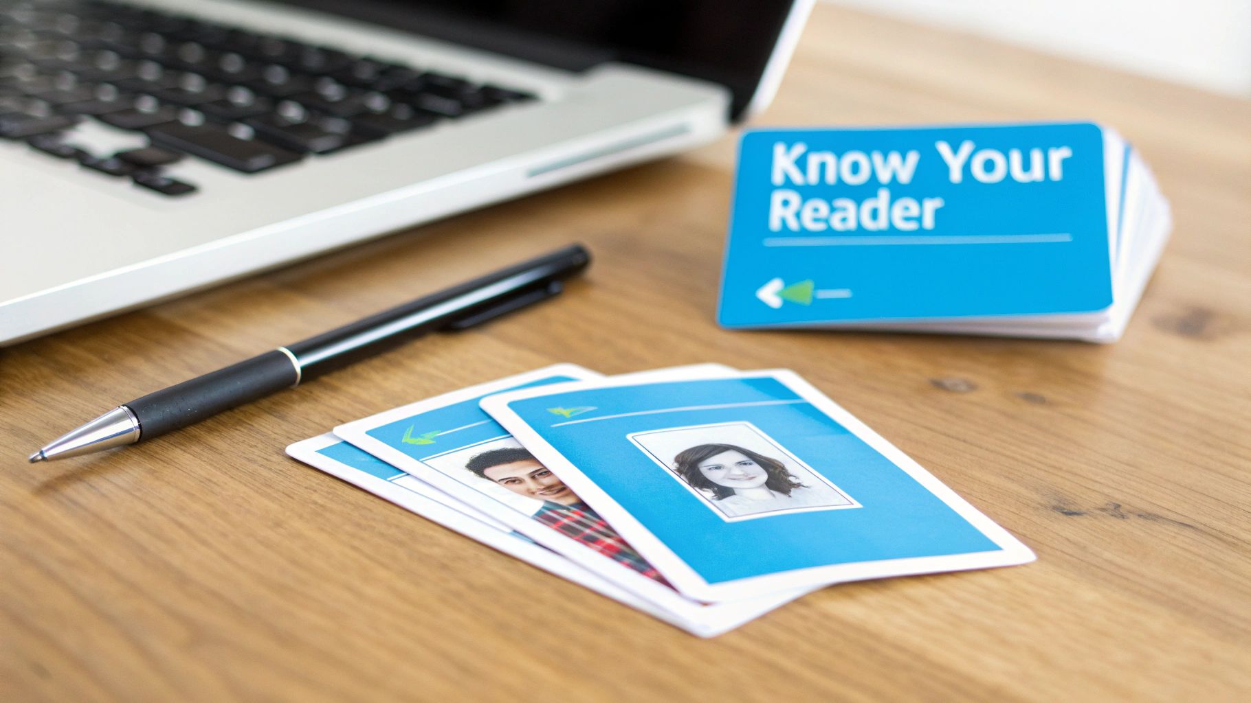 Desk with a laptop, pen, and blue 'Know Your Reader' cards featuring character photos.