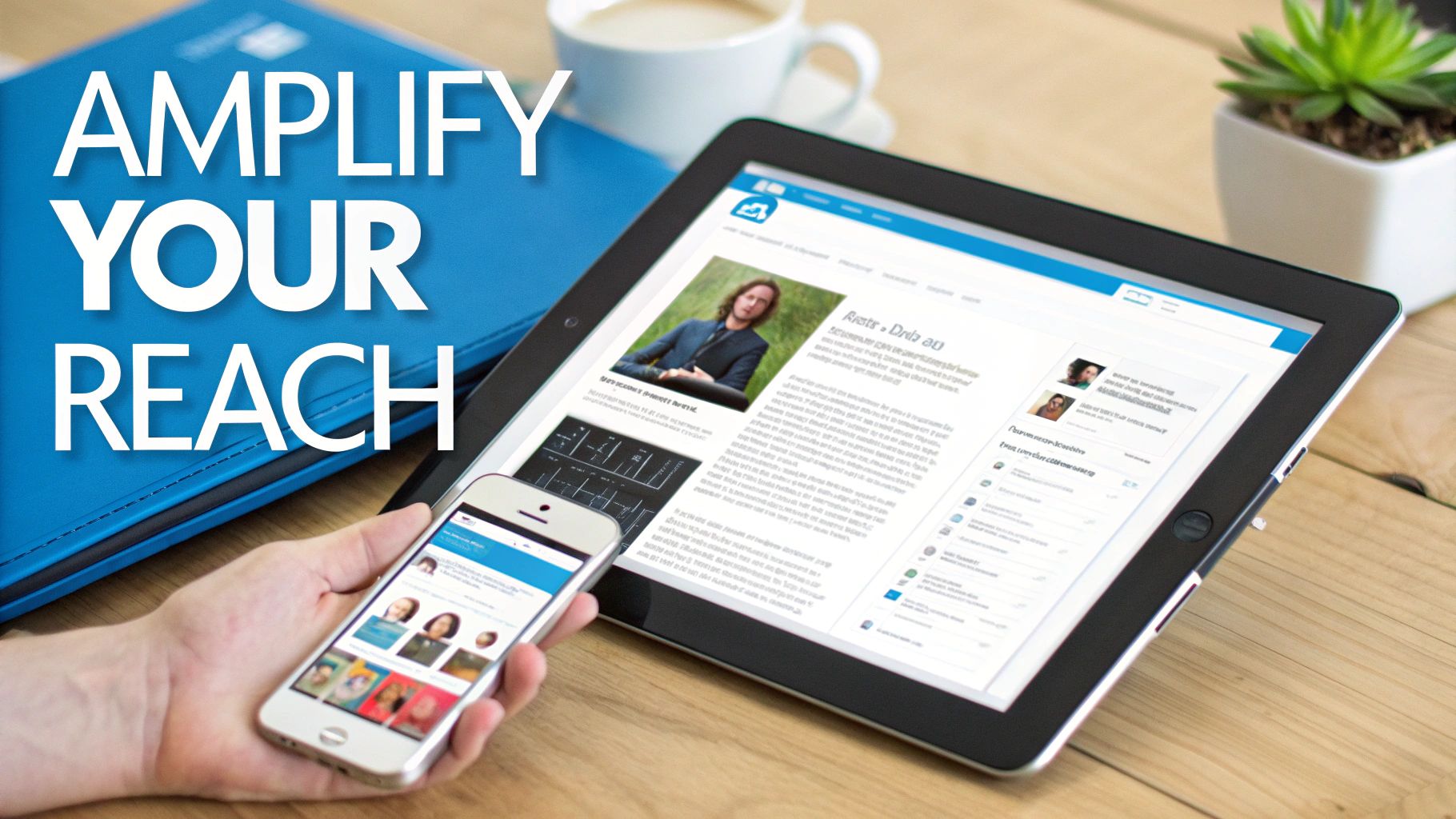 Hand holding a smartphone and a tablet showing digital content, with text 'AMPLIFY YOUR REACH', illustrating content amplification across devices.