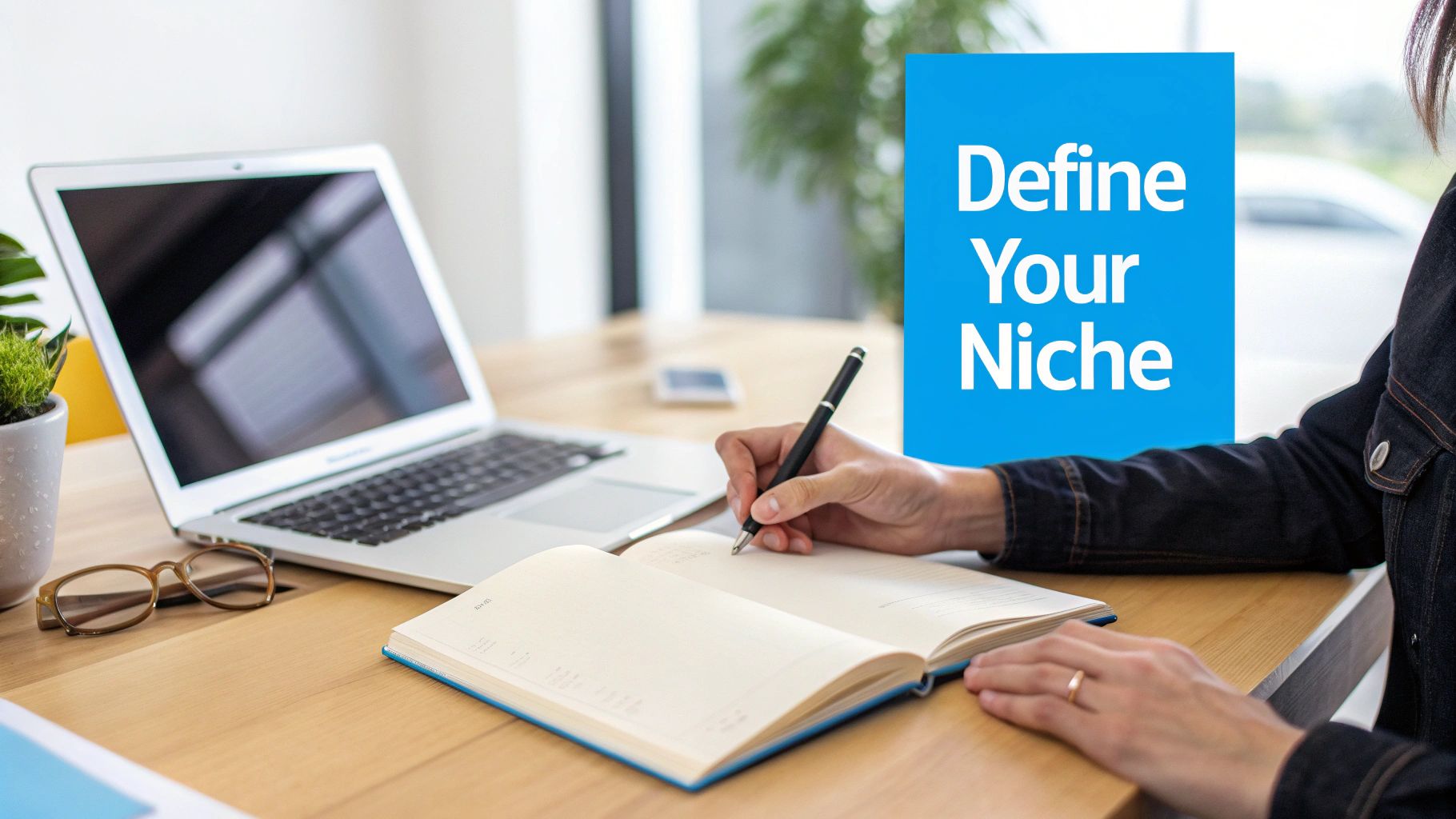 A person writes in a notebook with a pen, laptop nearby, next to a blue sign reading 'Define Your Niche'.