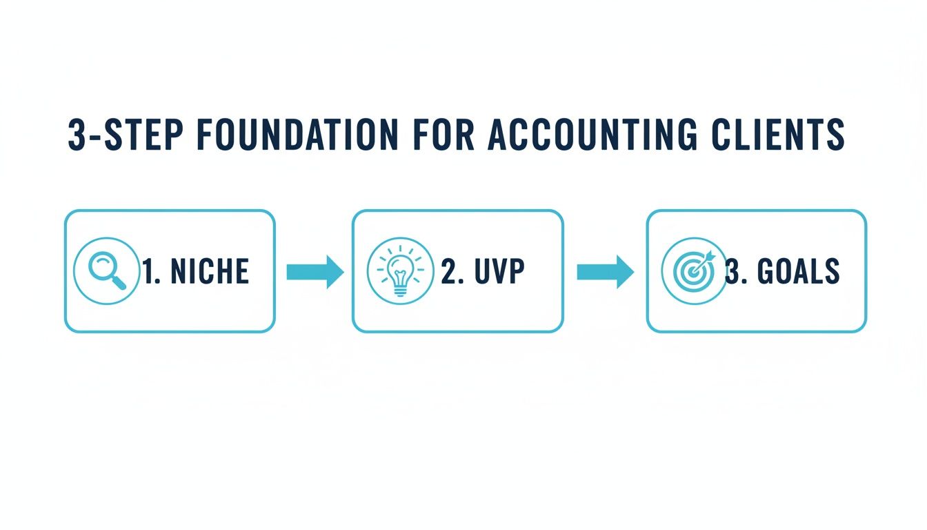 A 3-step foundation for accounting clients: Niche, UVP (Unique Value Proposition), and Goals.