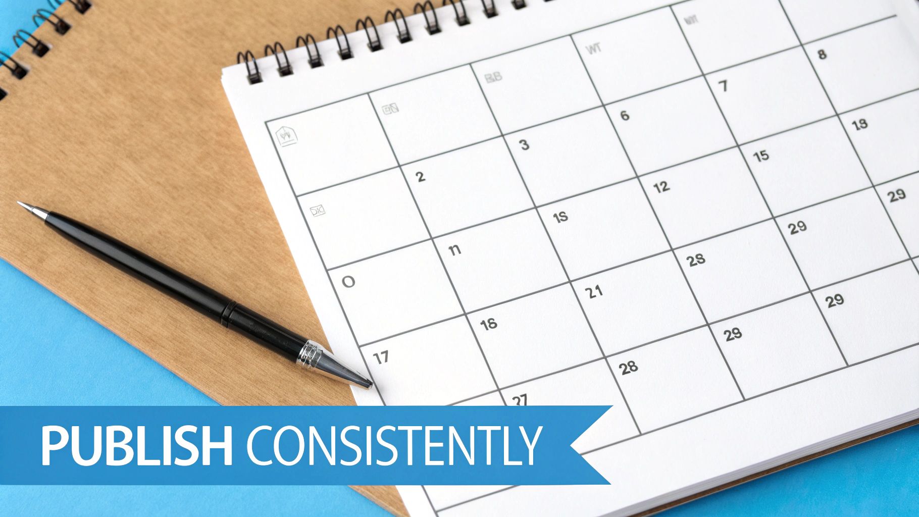 A pen rests on a notebook beside an open calendar with dates, featuring a 'PUBLISH CONSISTENTLY' banner.