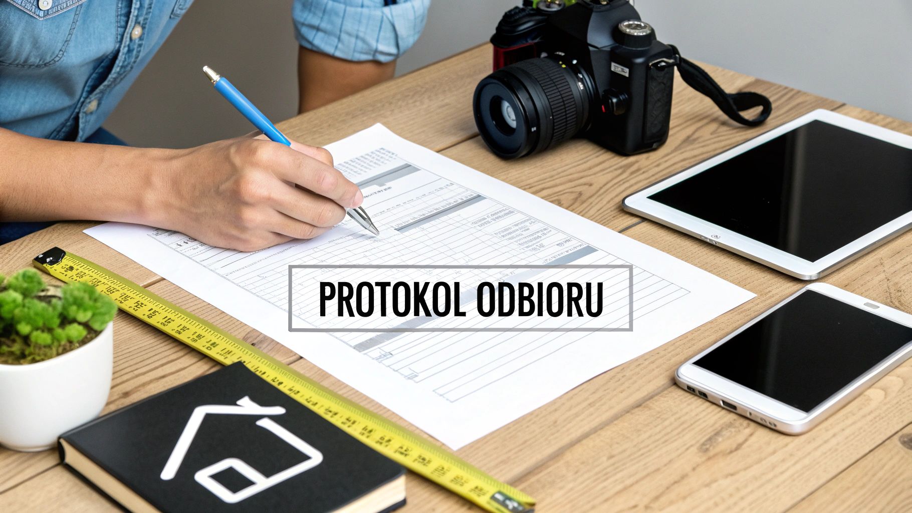 Osoba pisząca długopisem na dokumencie „PROTOKÓŁ ODBIORU”, obok aparat, tablet, telefon i miarka na drewnianym stole.