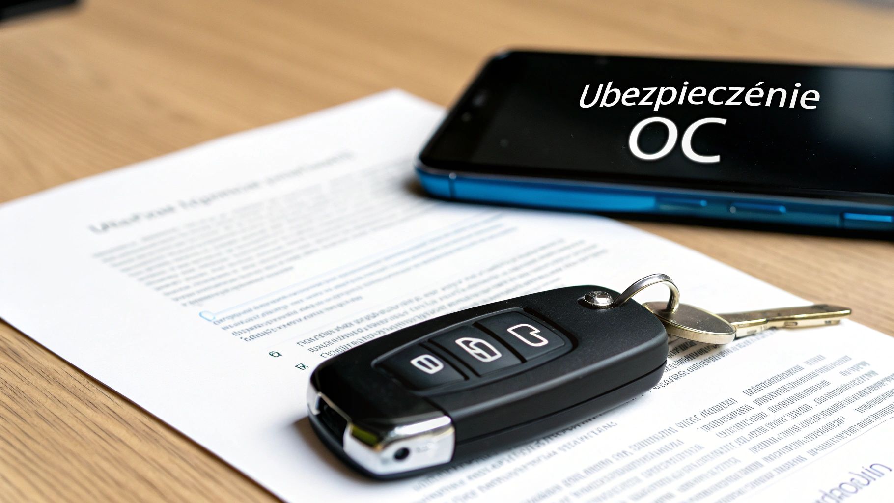 Kluczyk samochodowy, dokument polisy ubezpieczeniowej i smartfon z napisem Ubezpieczenie OC na drewnianym stole.