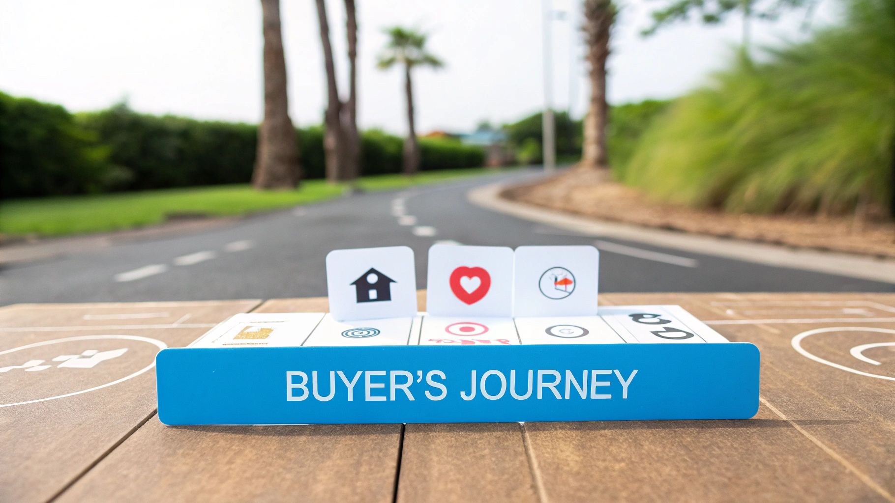 A 'Buyer's Journey' sign with cards depicting a house, heart, and target on a miniature road.