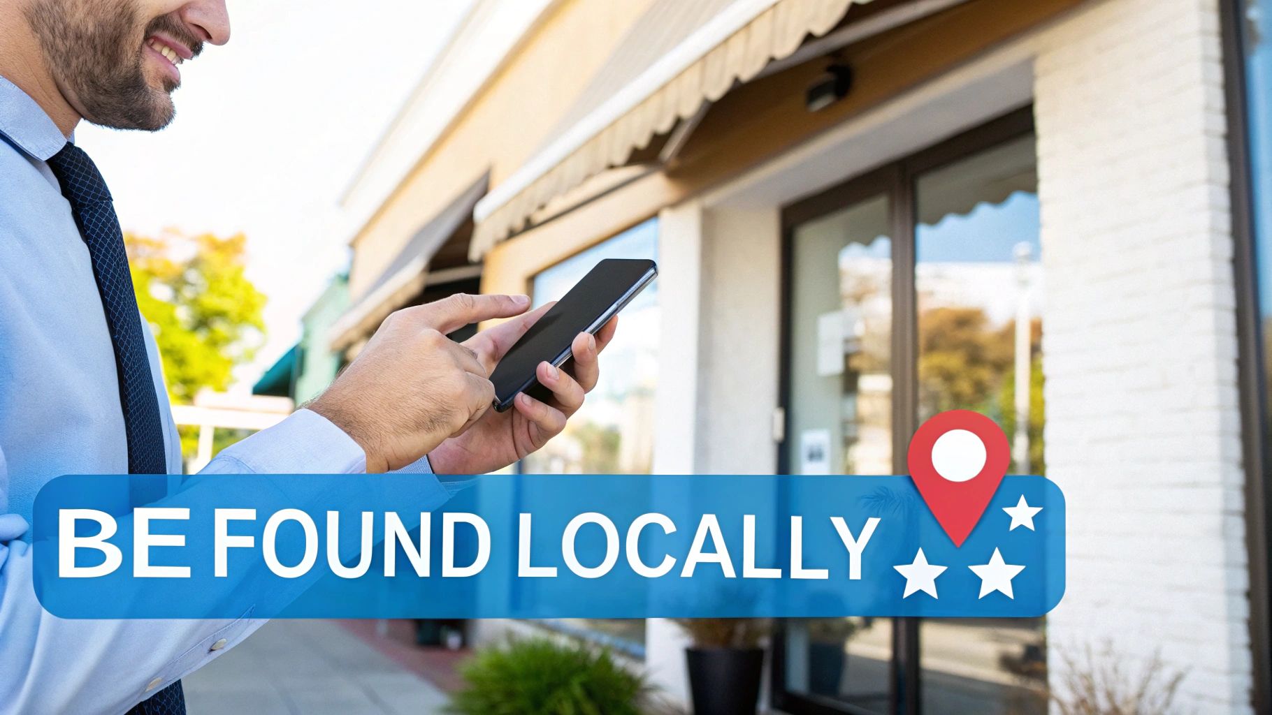 A smiling man using a smartphone outside a business, with a 'BE FOUND LOCALLY' banner and location pin.