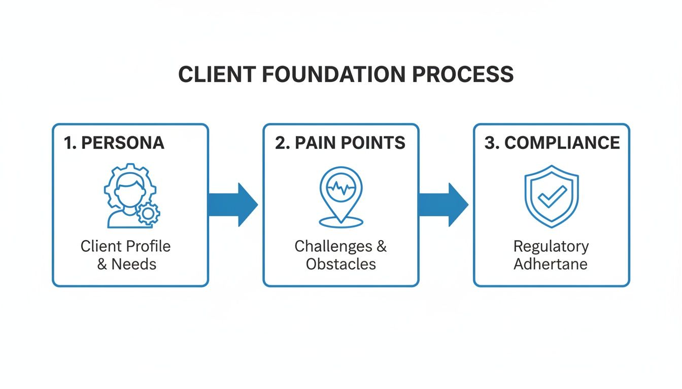 Infographic illustrating the Client Foundation Process: Persona, Pain Points, and Compliance steps with icons.