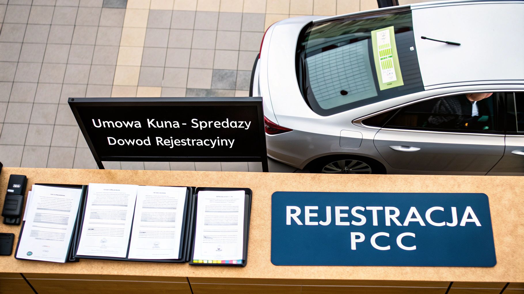 Dokumenty dotyczące rejestracji samochodu i umów sprzedaży, z widokiem na tył srebrnego samochodu.