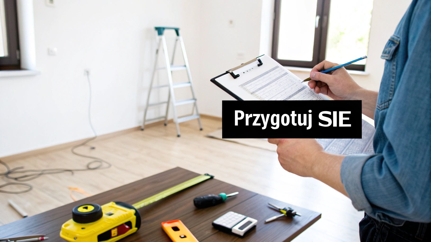 Mężczyzna wypełnia dokumentację odbioru domu, otoczony narzędziami budowlanymi i drabiną, symbolizując przygotowania.