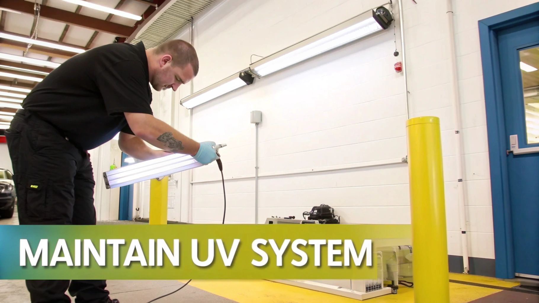 A technician performing maintenance on an industrial UV system in a clean facility.