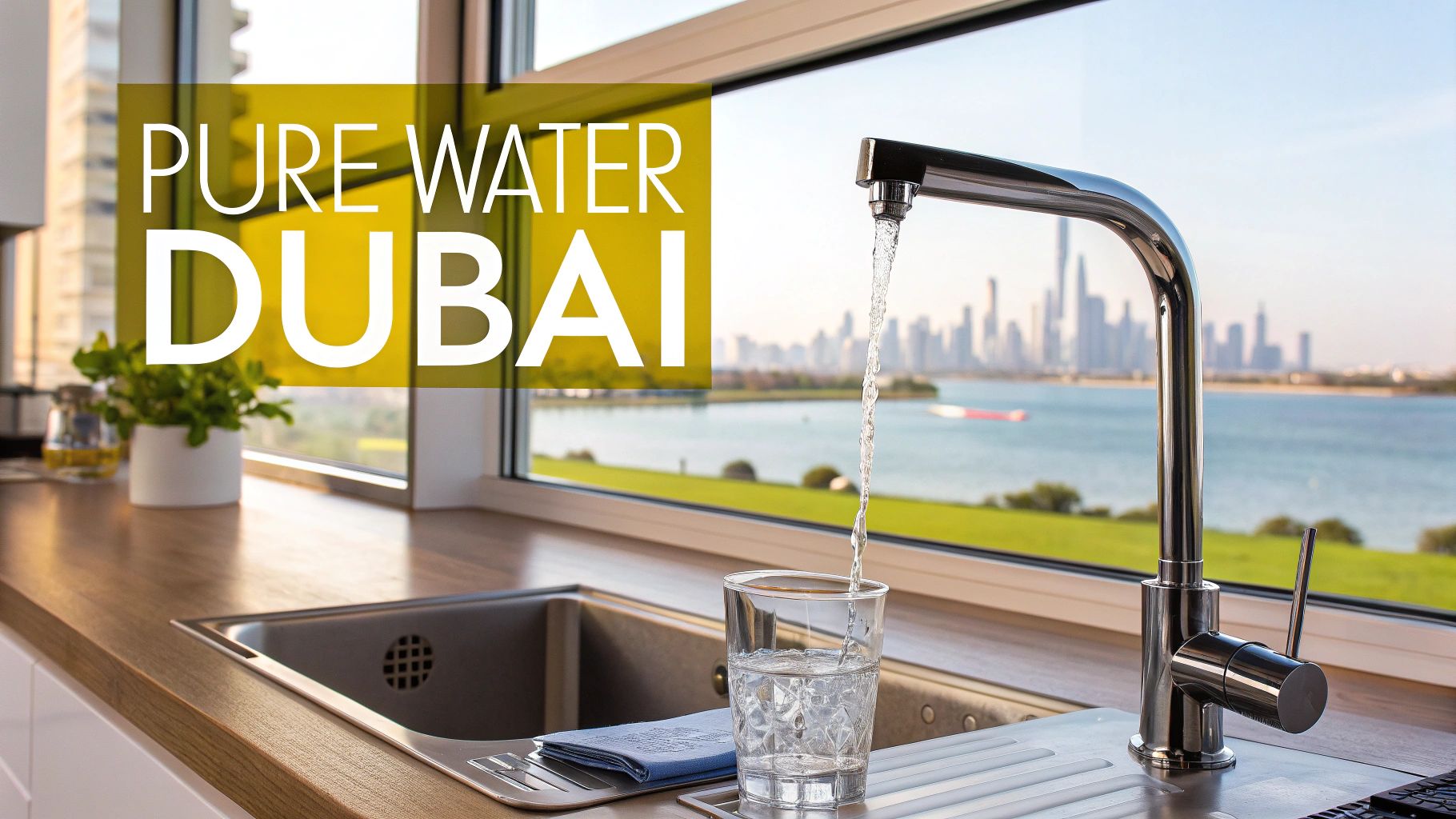 A happy family in a Dubai home kitchen enjoying a glass of pure water.