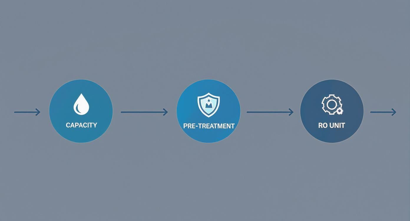 A flow diagram showing the stages of a water treatment process: Capacity, Pre-treatment, and RO Unit.