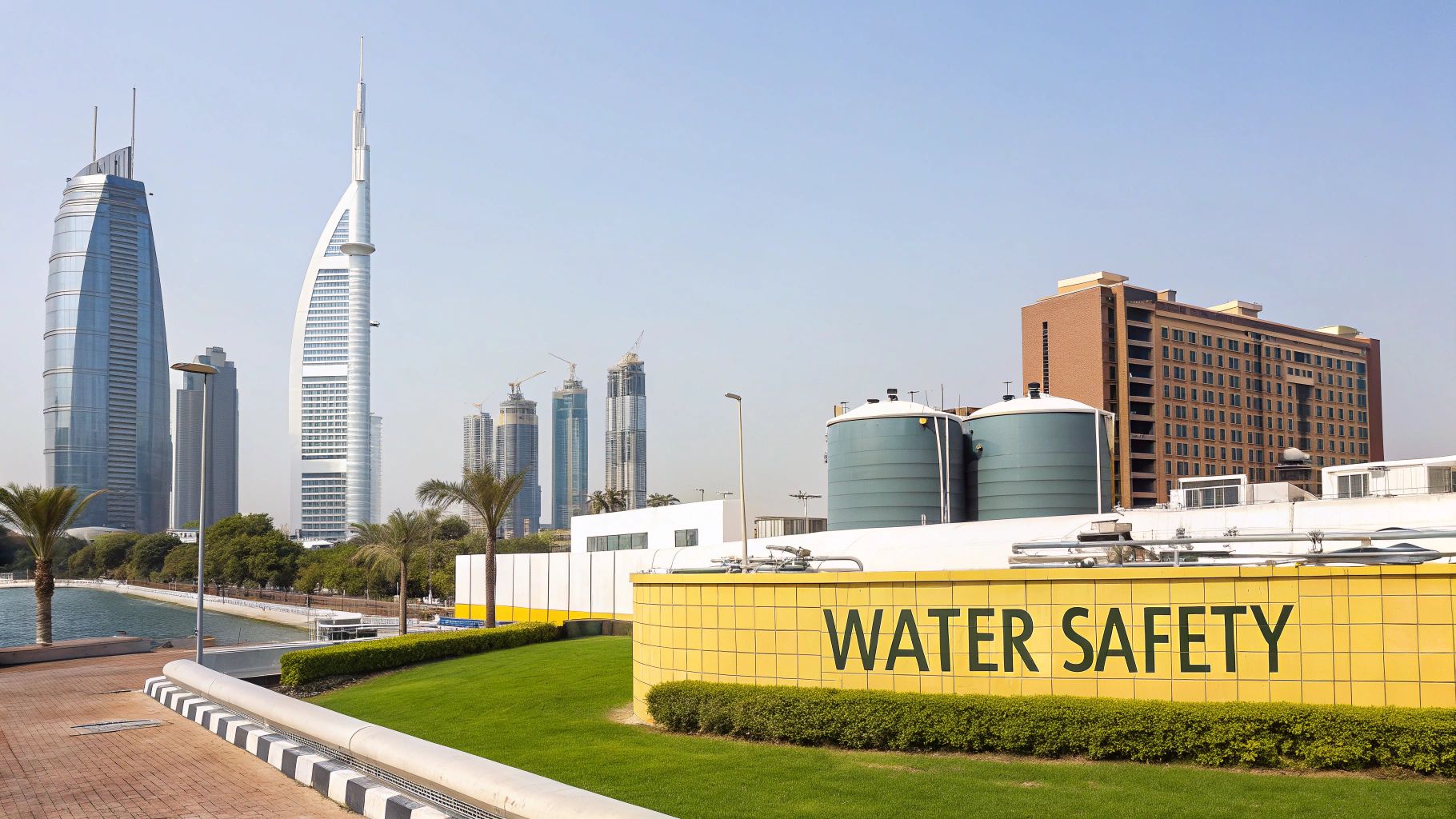 Modern Dubai skyline with water treatment facility and water safety signage near waterfront