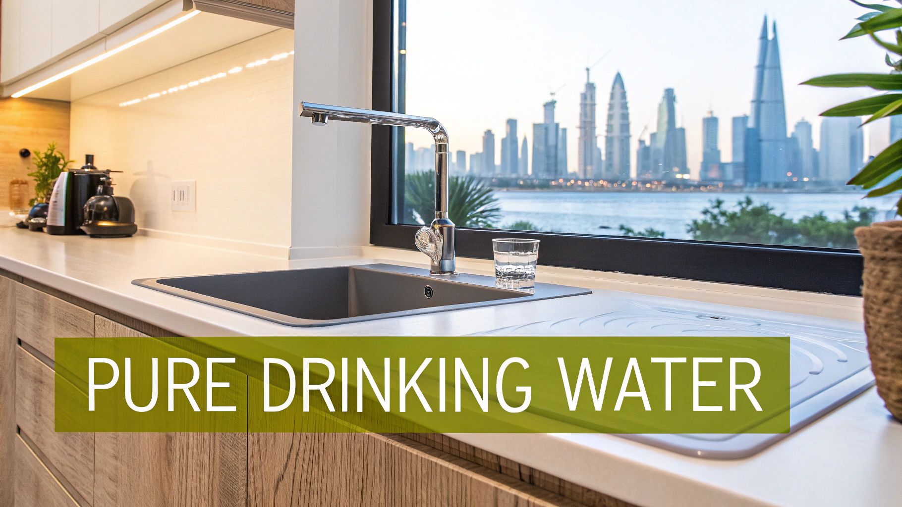 A family enjoying clean water from their kitchen tap in a modern Dubai home.