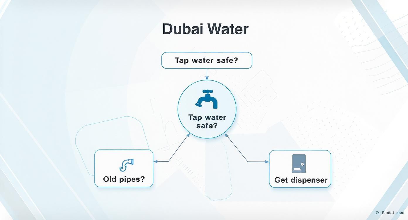 Infographic showing a decision tree for choosing a water filter in Dubai, starting with tap water safety.