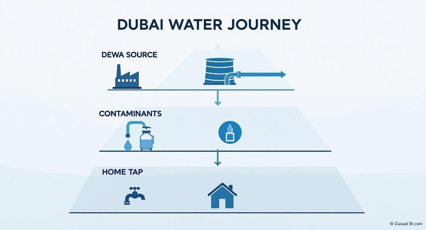 Infographic about water filtration cartridges showing the journey of water from a DEWA source, through pipes and tanks where it can pick up contaminants, to a home tap where it is purified.