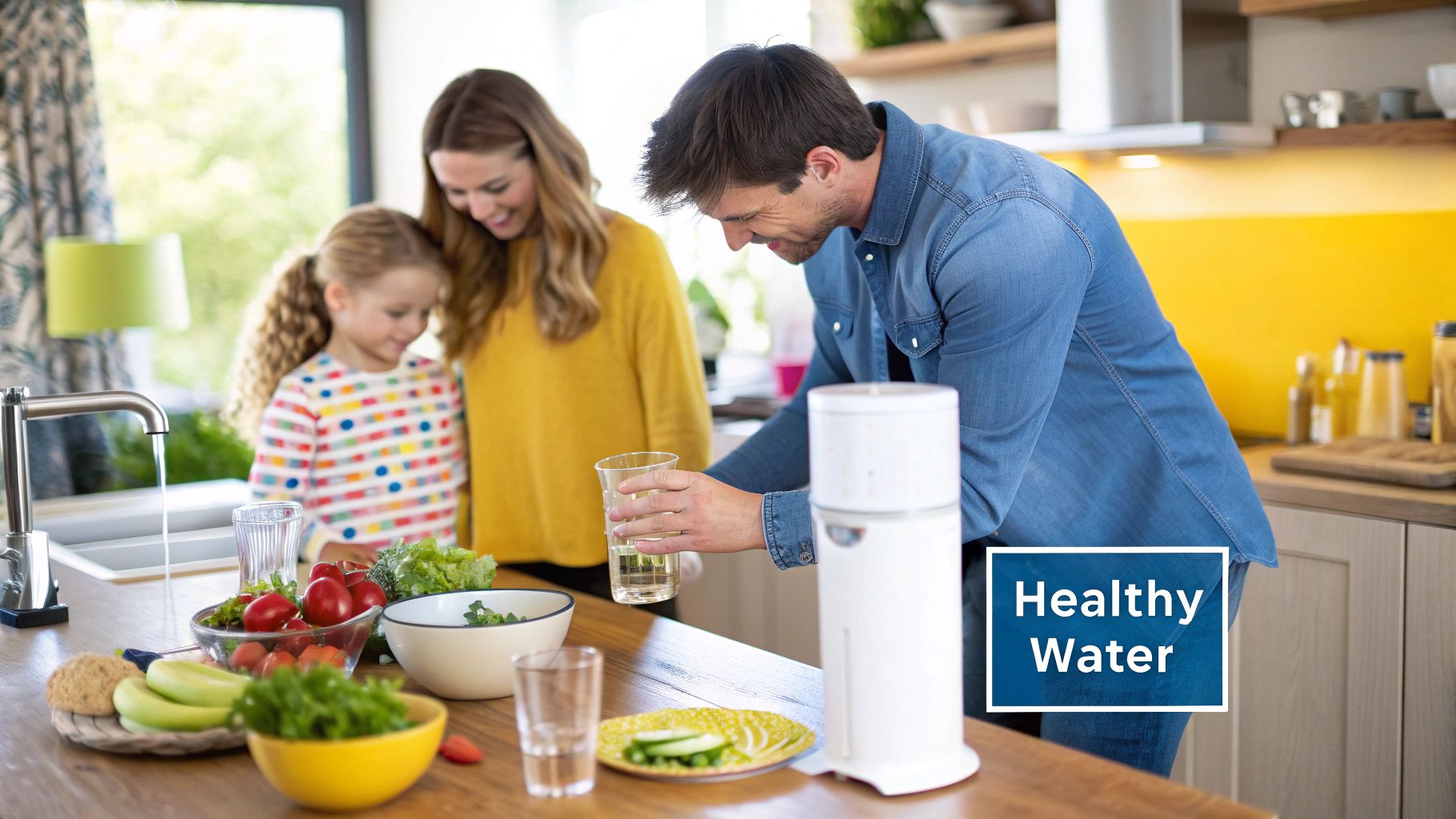 A family enjoys cooking together in a modern Dubai kitchen with pristine, filtered water.