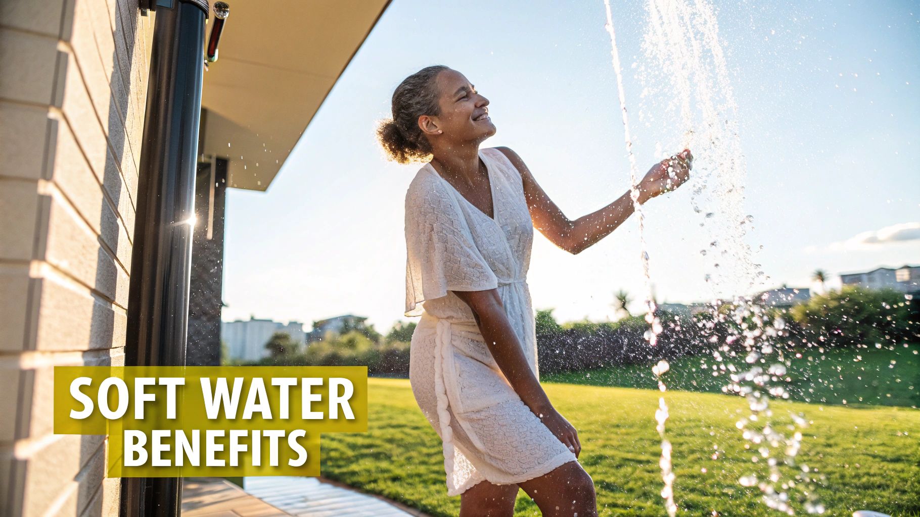 A woman enjoying a shower with visibly clean, flowing water.