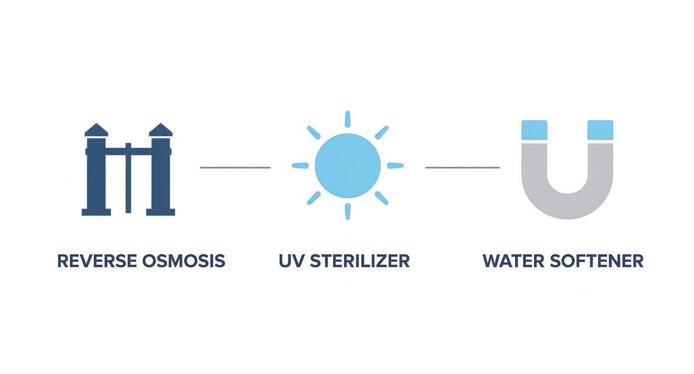 Three water treatment systems showing reverse osmosis, UV sterilizer, and water softener icons for filtration