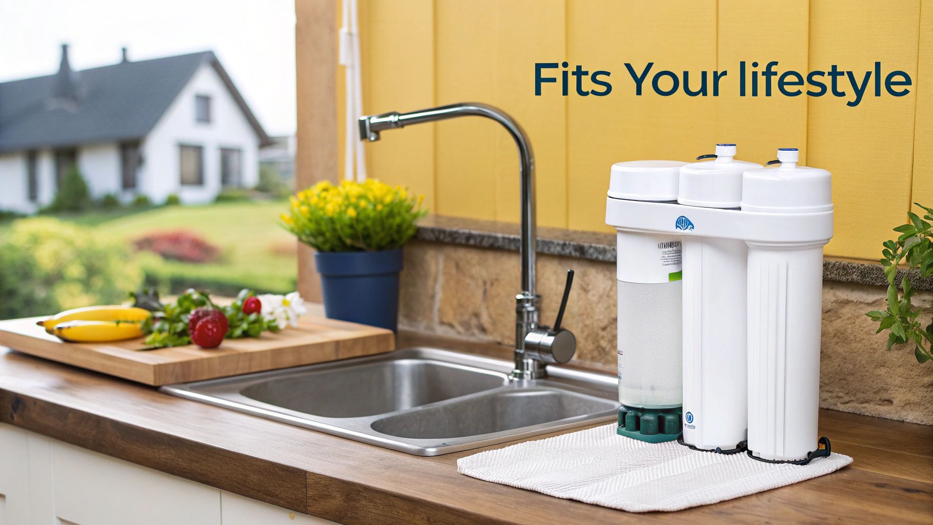 Under sink water filtration system installed on kitchen counter next to stainless steel sink