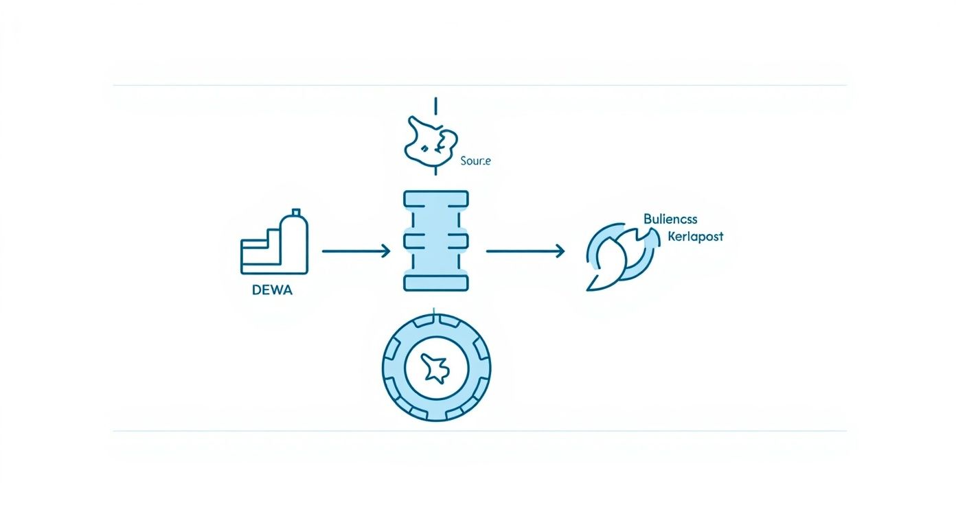 A blue line art diagram illustrating a system flow from DEWA and a Source to Bullencll Kerlapost.