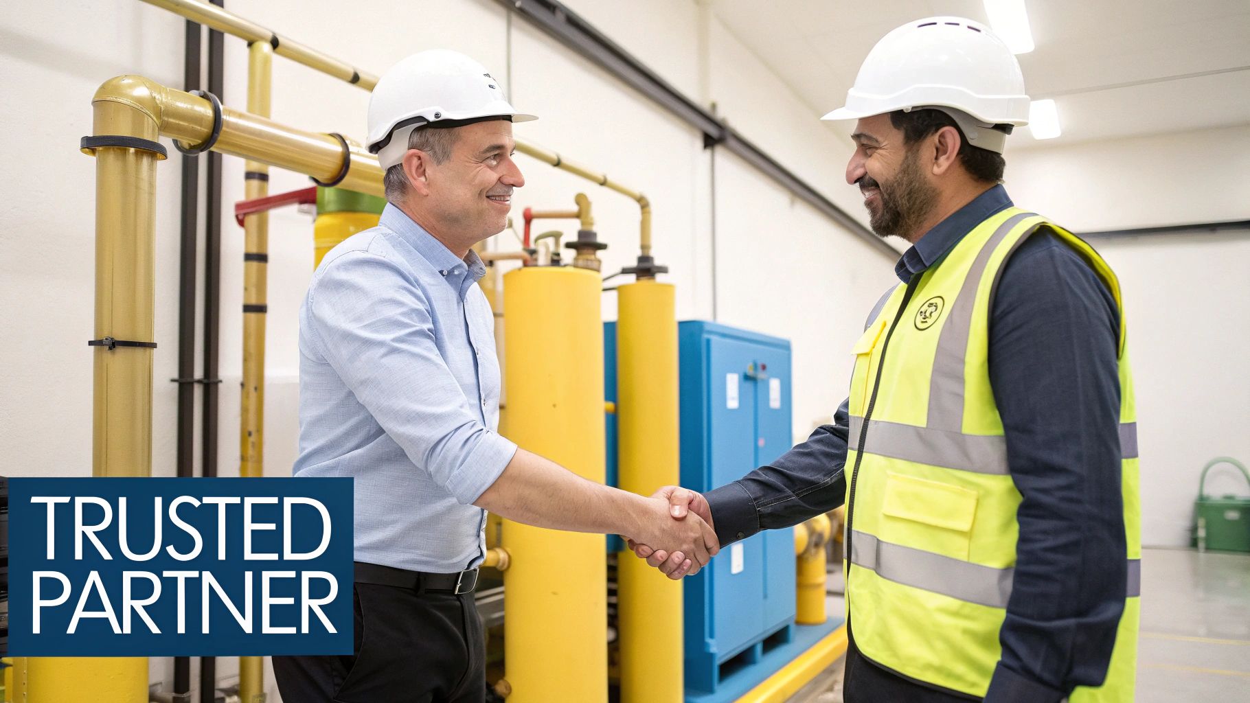Two men in hard hats and safety gear shaking hands in an industrial plant, symbolizing partnership.