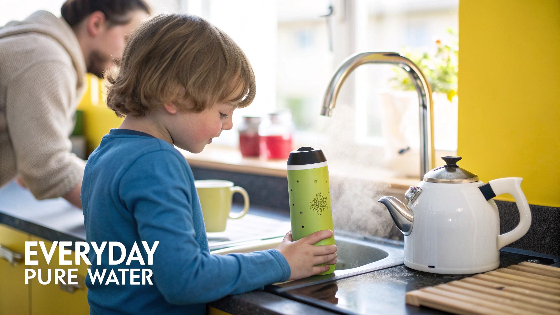 A happy family in Dubai enjoys a glass of clean, filtered water in their kitchen.