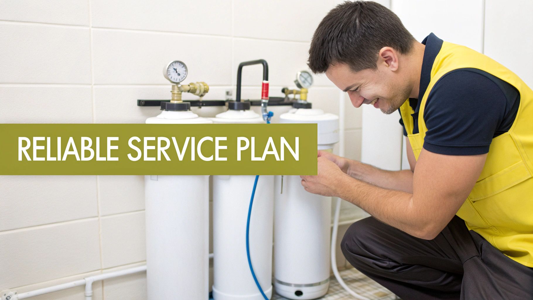 A smiling technician in a yellow vest installing a multi-stage water treatment system, with a 'RELIABLE SERVICE PLAN' banner.