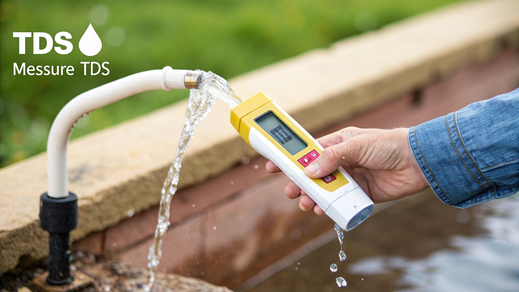 A person using a TDS measurement meter to test water in a glass.