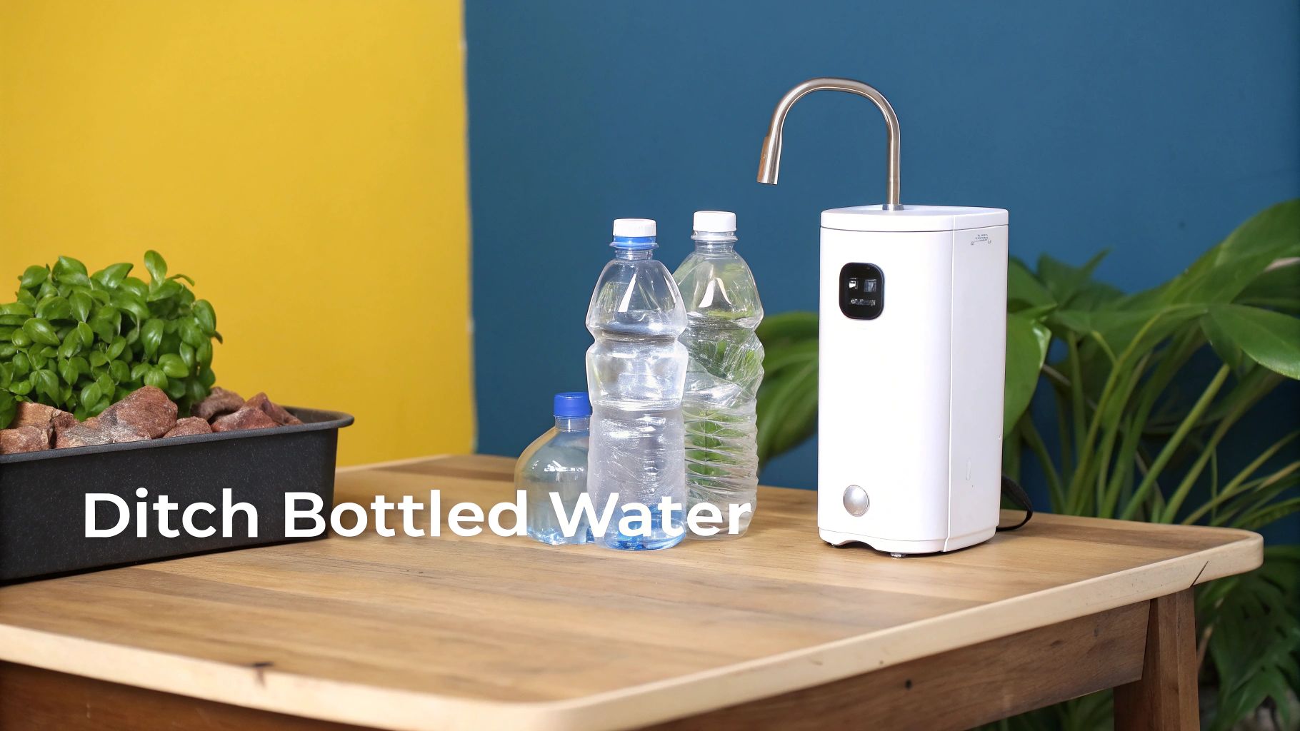 White countertop water purifier with curved faucet next to plastic water bottles on wooden table