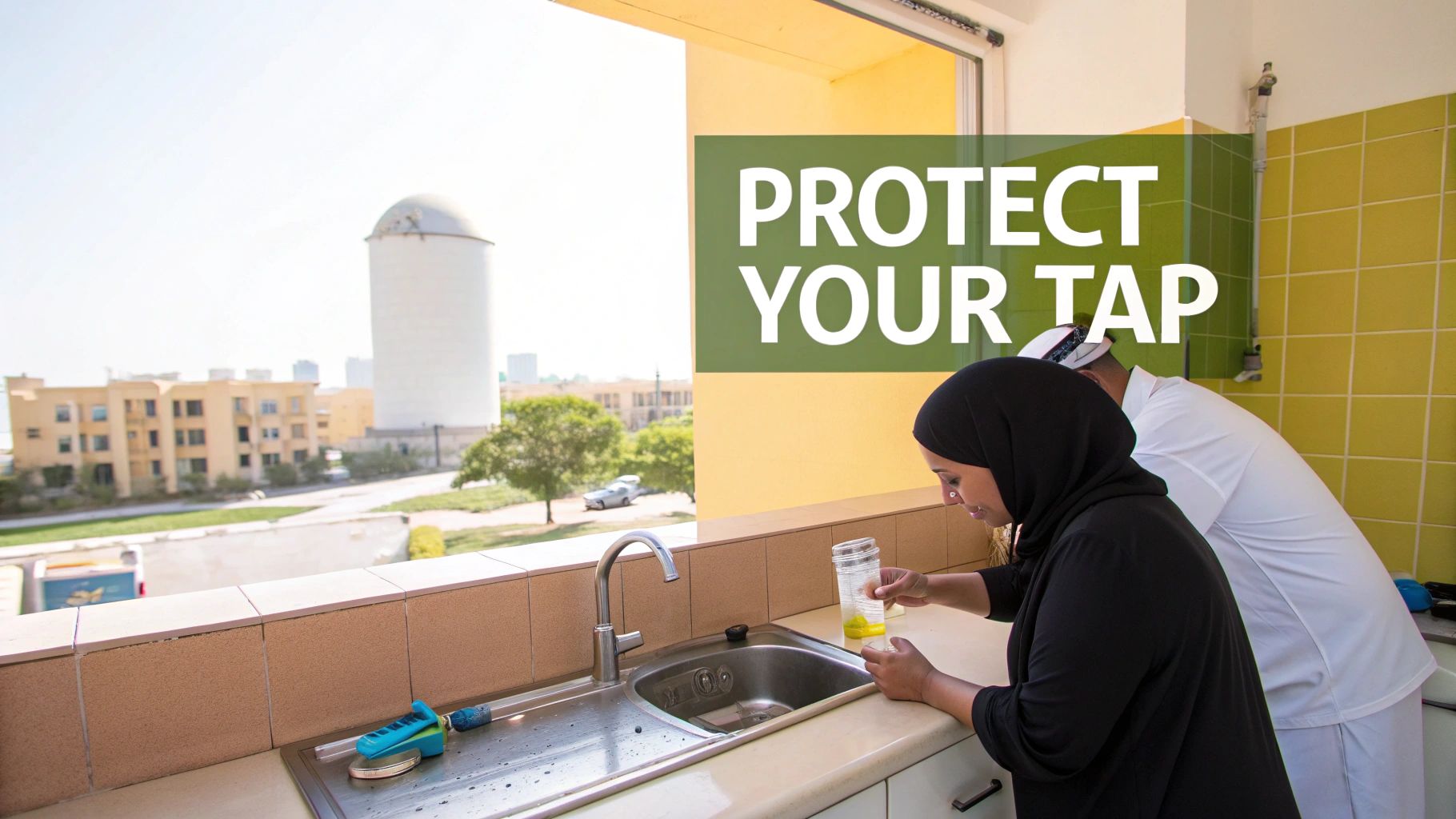 Two people testing tap water quality in modern Dubai kitchen with protect your tap sign