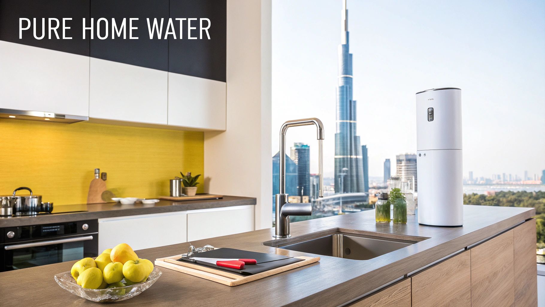 A happy family enjoying clean water in their modern Dubai home.