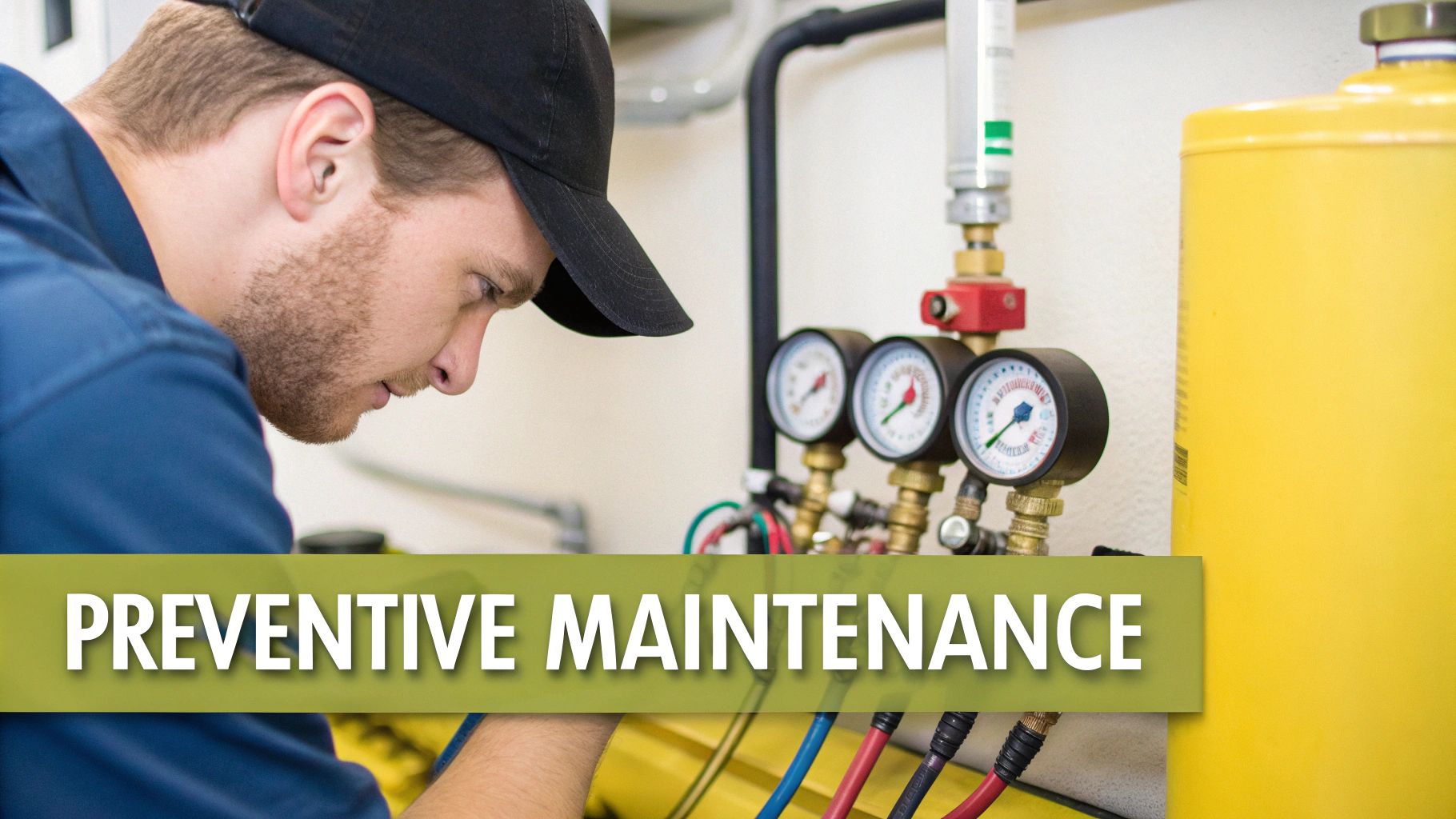 Technician performs preventive maintenance on industrial equipment with gauges and a yellow tank.