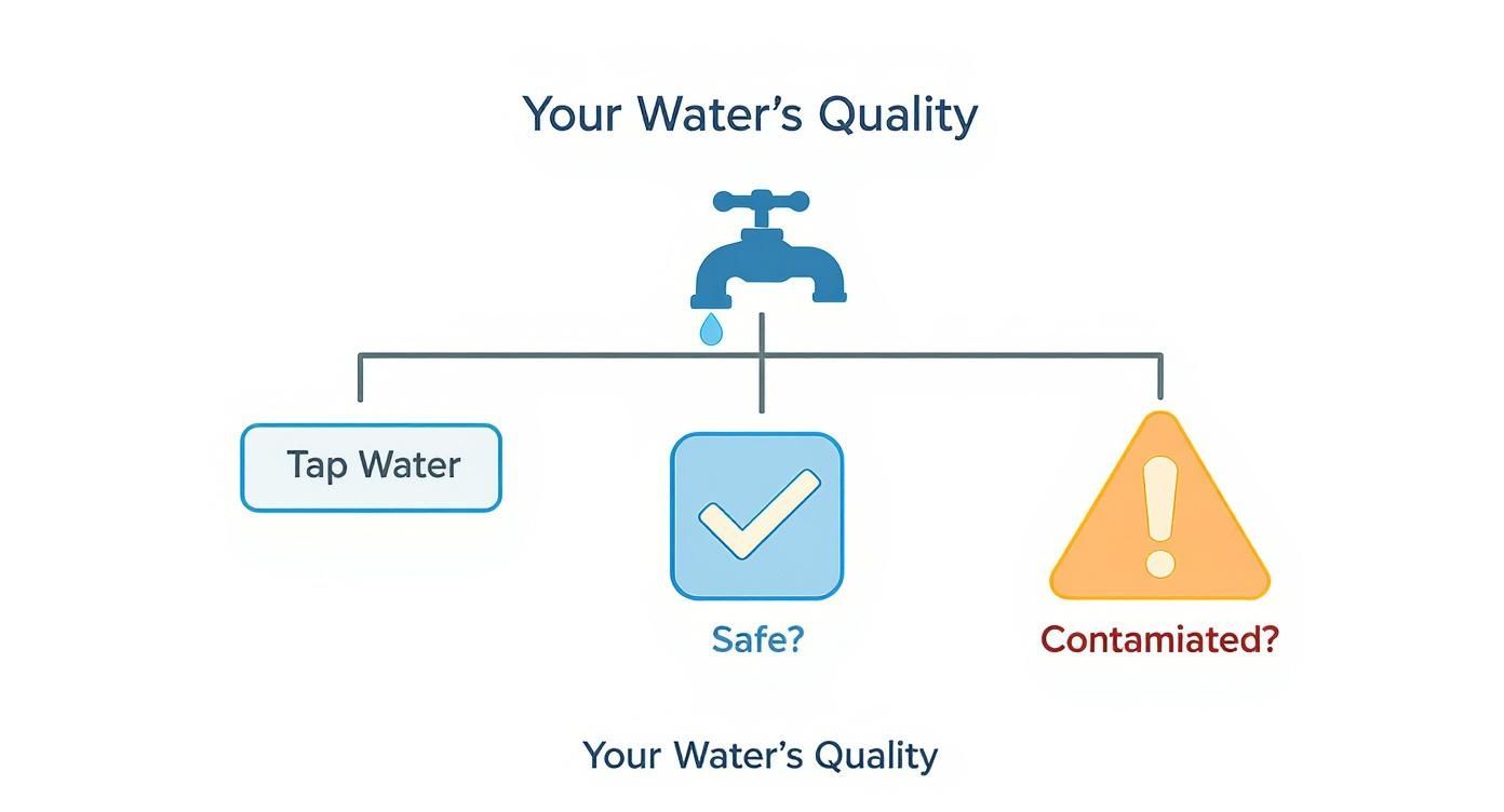 An infographic decision tree showing the choice between safe and contaminated tap water and the resulting need for filtration.