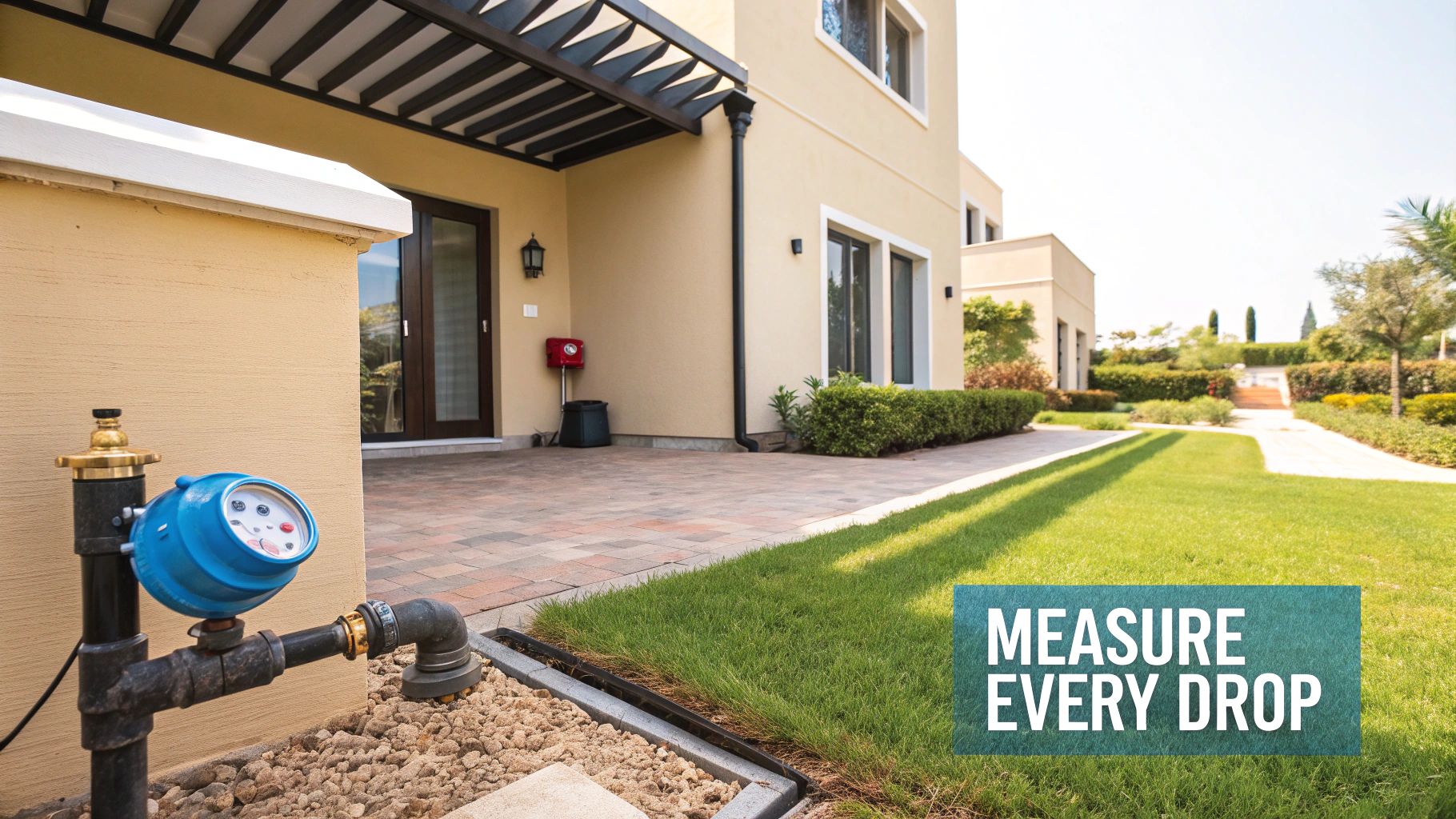 A modern water flow meter installed on a pipe in a Dubai home
