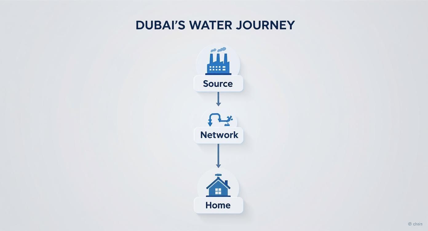 Infographic showing Dubai's water supply journey from source through network infrastructure to residential homes