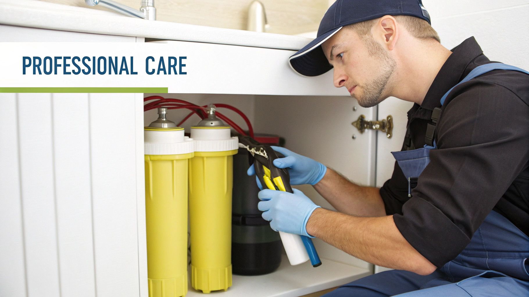 Professional plumber installing yellow water filter system under kitchen sink wearing blue gloves