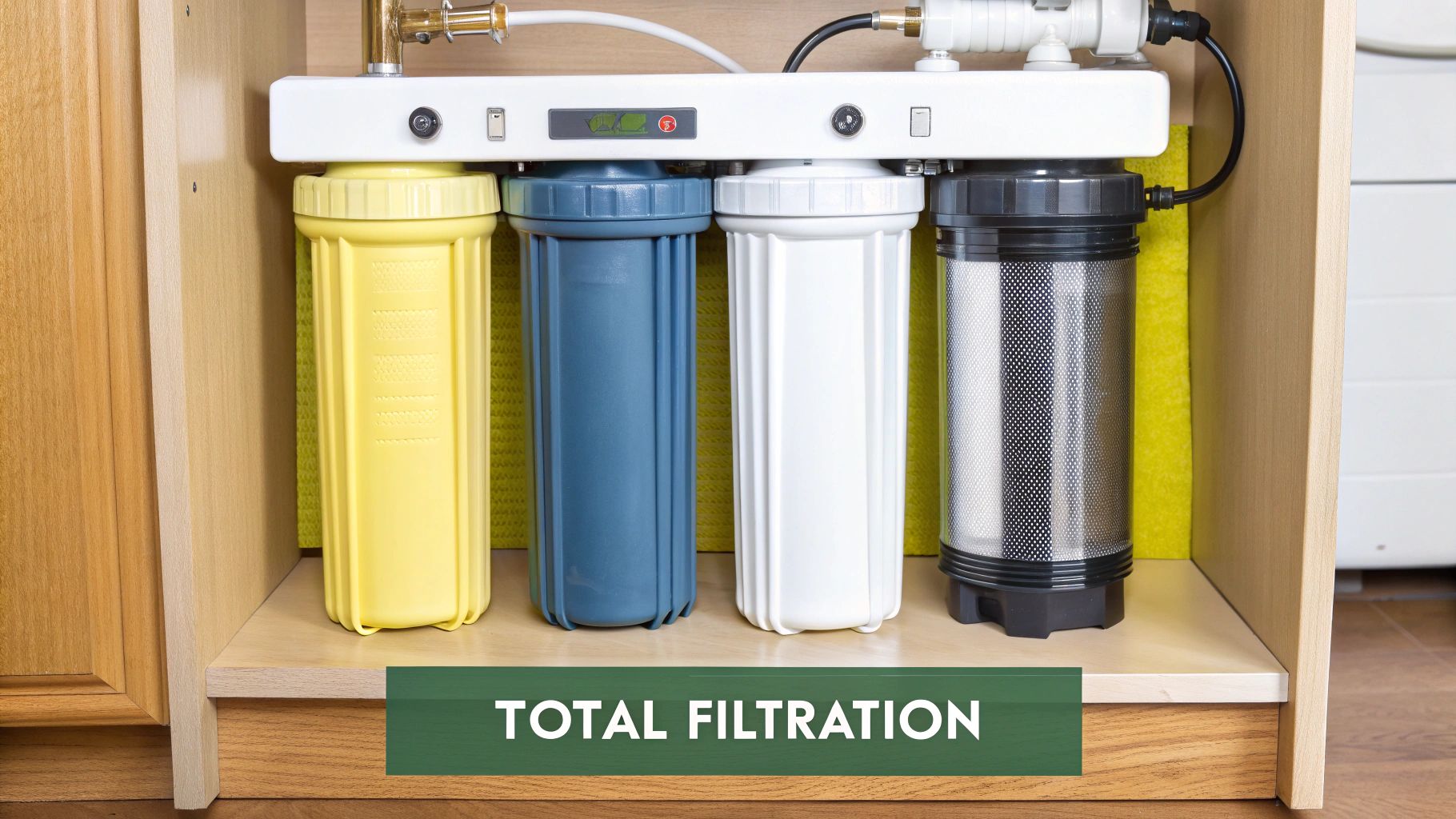 A complete multi-stage water filtration system installed under a kitchen sink in a Dubai home.