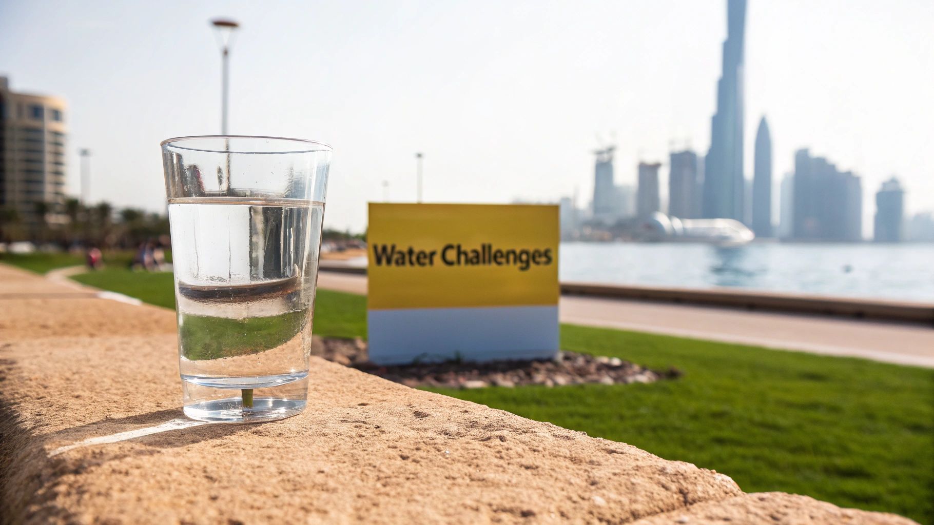 A glass of water on a stone wall with a 'Water Challenges' sign and the Dubai skyline in the background.