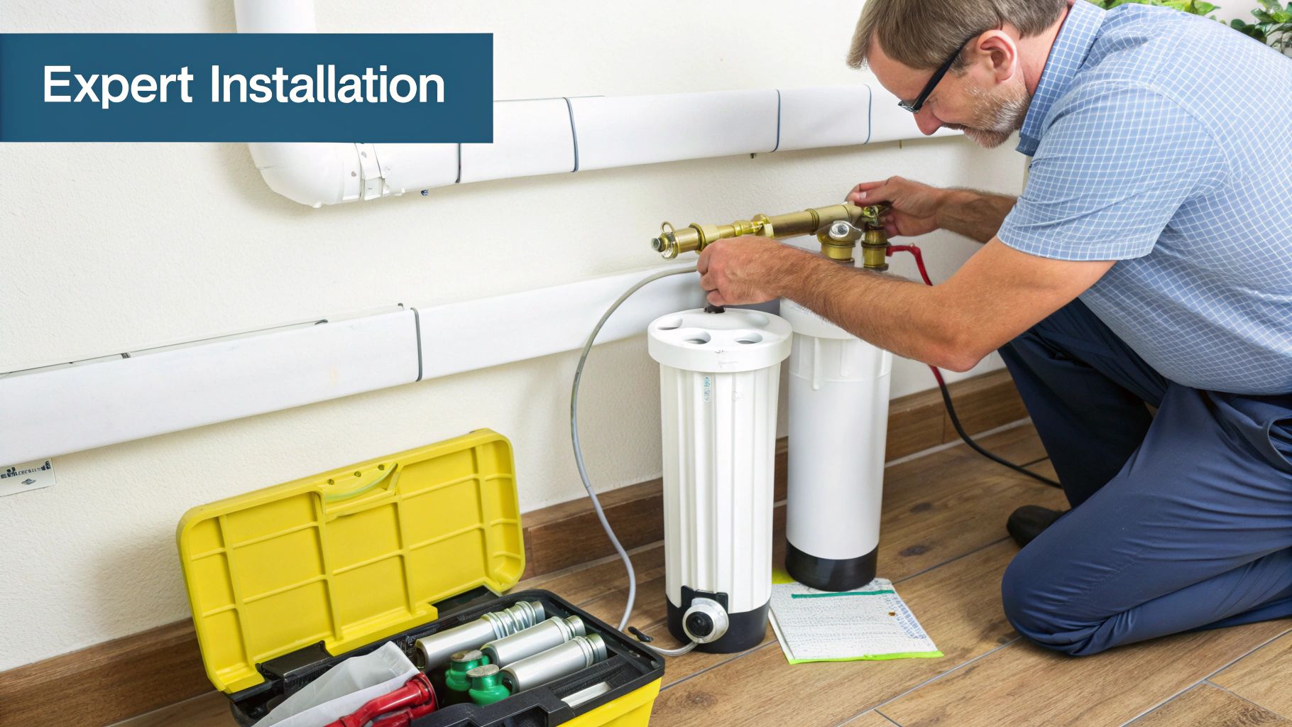 A professional technician completing a water filter installation Dubai in a modern kitchen.