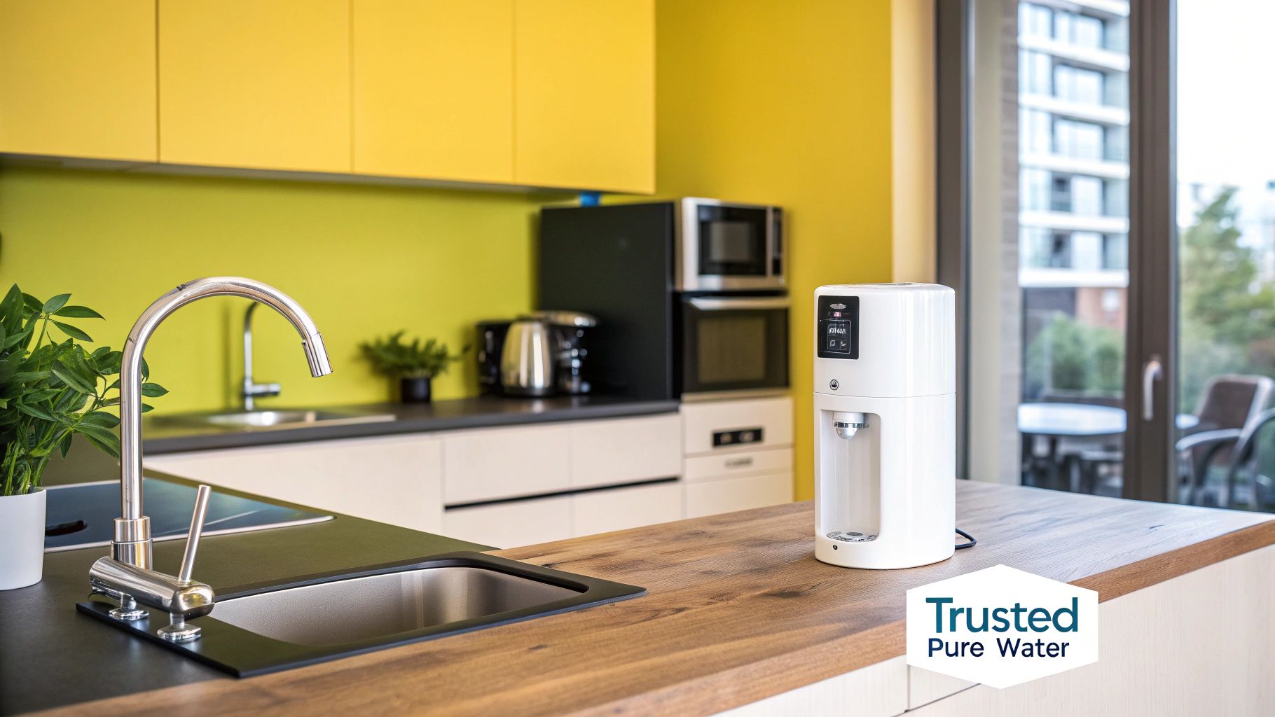 A happy family enjoying clean drinking water in their Dubai kitchen.