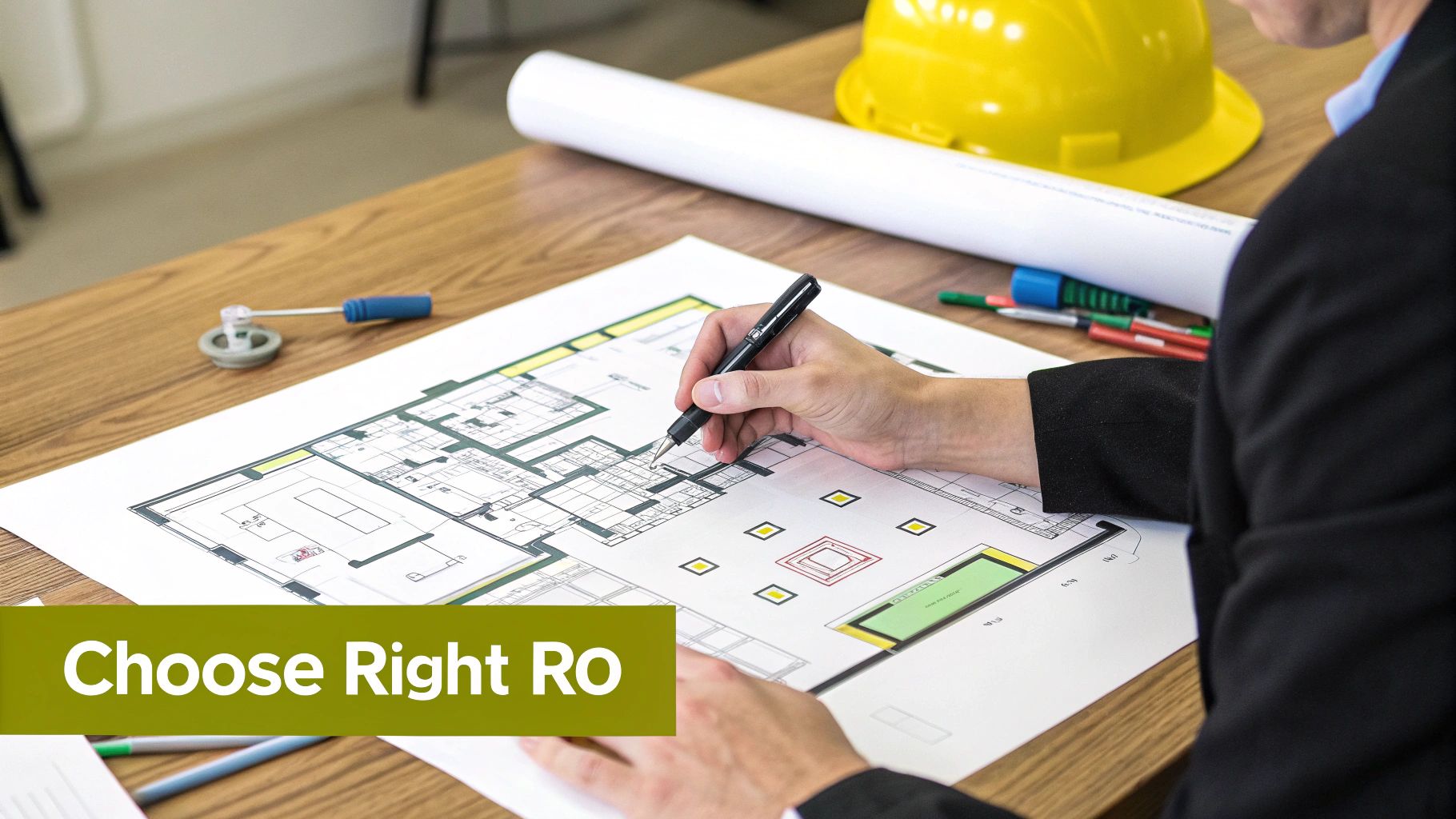 An architect's hands meticulously draw on detailed building blueprints with a pen and tools.